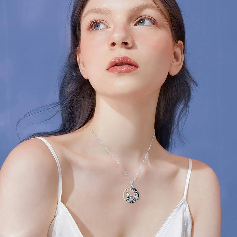 Sterling Silver Wolf & Moon With Celtic Knot Pendant Necklace For Men-4