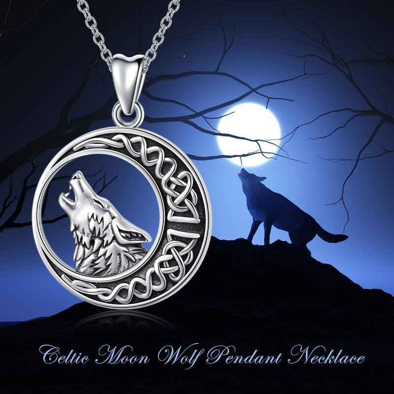 Sterling Silver Wolf & Moon With Celtic Knot Pendant Necklace For Men-6