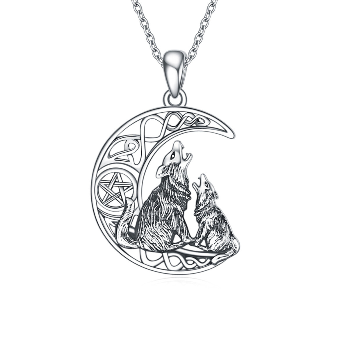 Sterling Silver Wolf & Celtic Knot & Moon & Pentagram Pendant Necklace-1