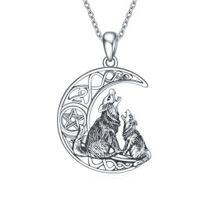 Sterling Silver Wolf With Celtic Knot Moon Pentagram Pendant Necklace For Women-4