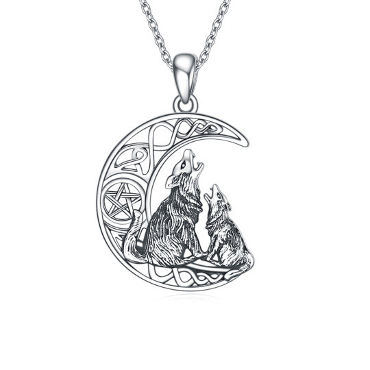 Sterling Silver Wolf & Celtic Knot & Moon & Pentagram Pendant Necklace