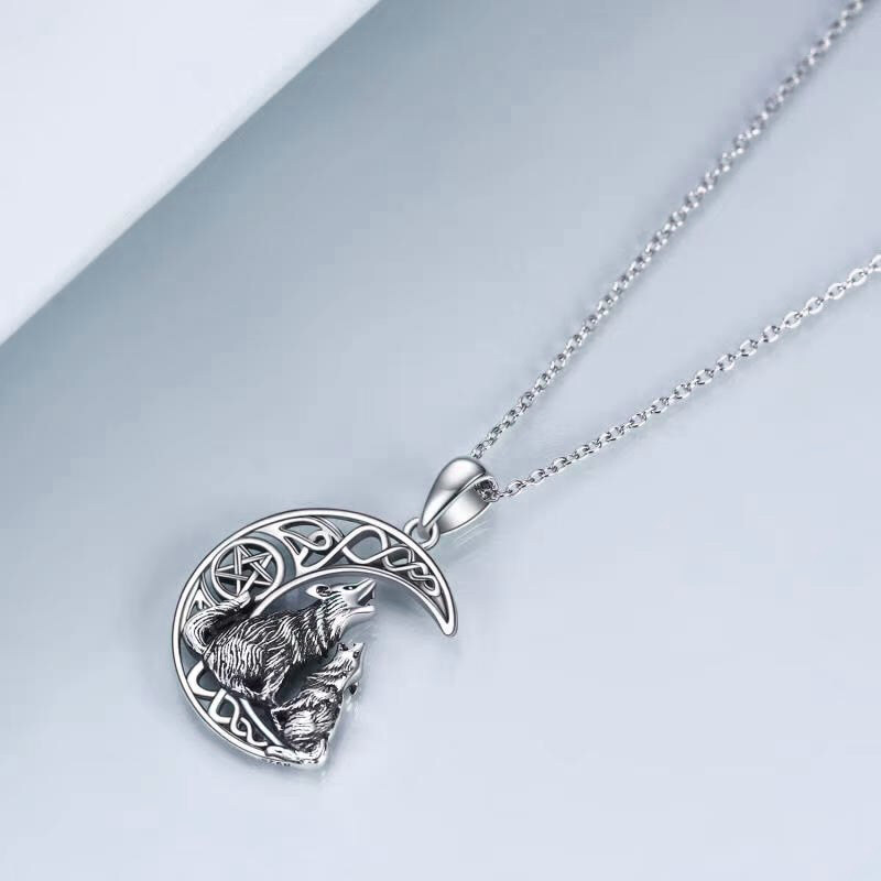 Sterling Silver Wolf With Celtic Knot Moon Pentagram Pendant Necklace For Women-3