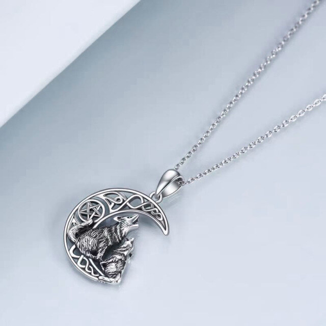 Sterling Silver Wolf & Celtic Knot & Moon & Pentagram Pendant Necklace-3