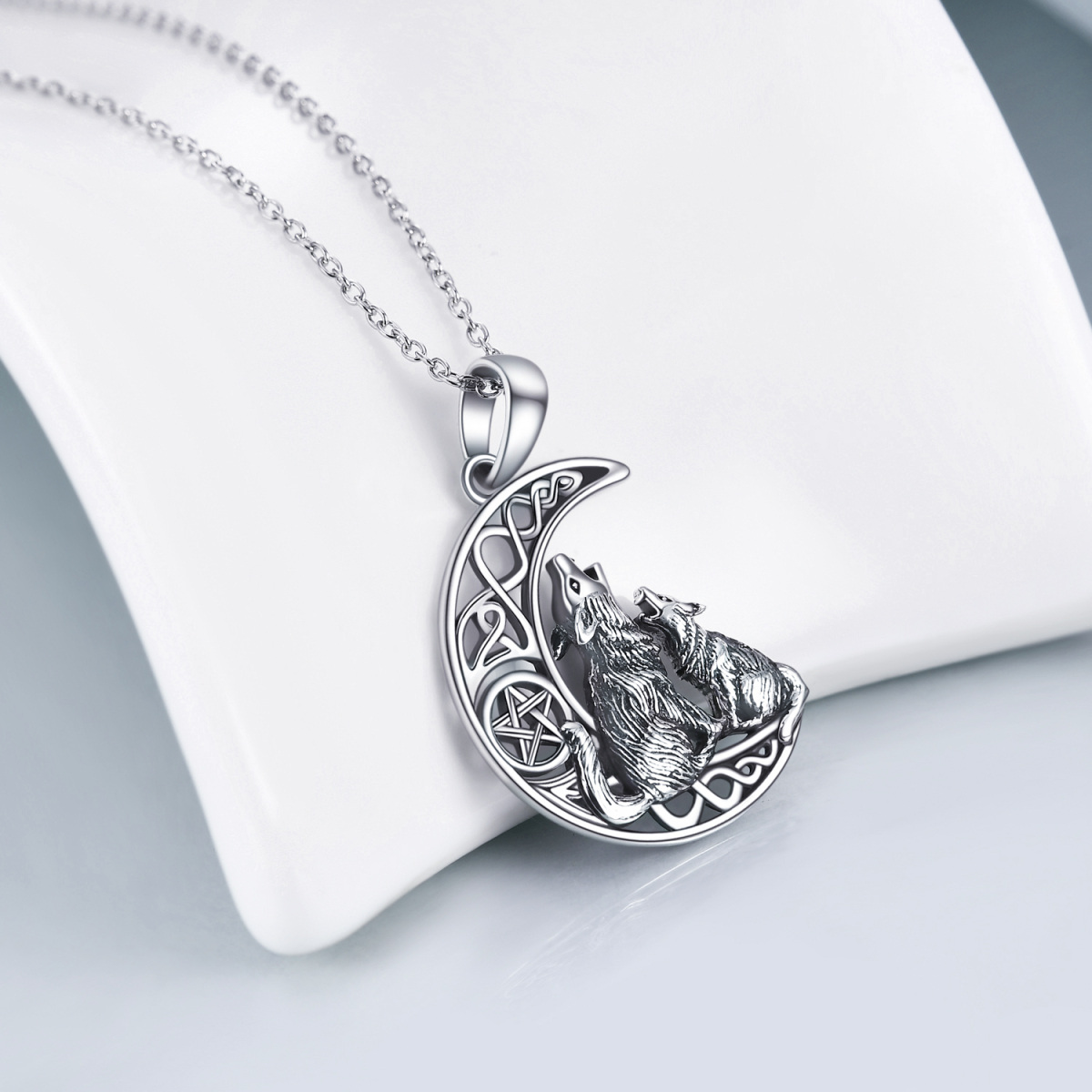 Sterling Silver Wolf With Celtic Knot Moon Pentagram Pendant Necklace For Women-4