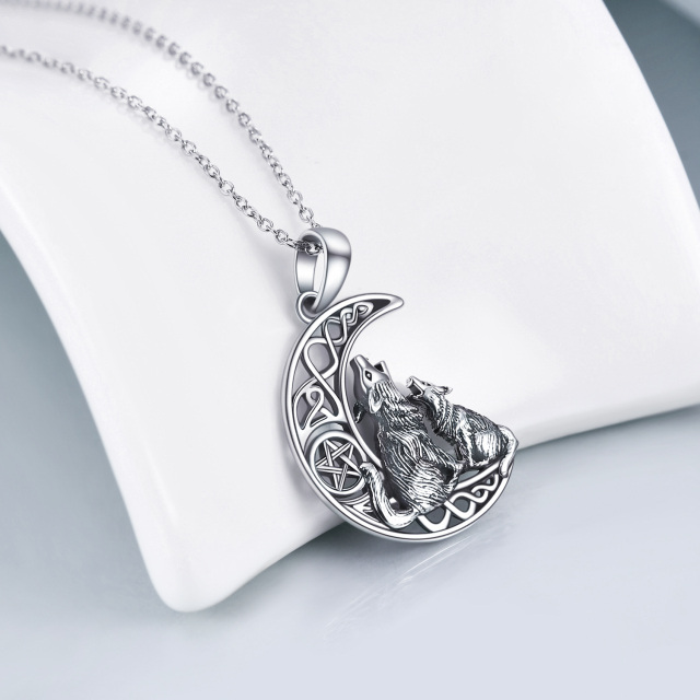 Sterling Silver Wolf & Celtic Knot & Moon & Pentagram Pendant Necklace-4