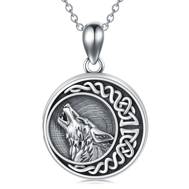 Sterling Silver Wolf & Celtic Knot Moon Personalized Photo Locket Necklace-2