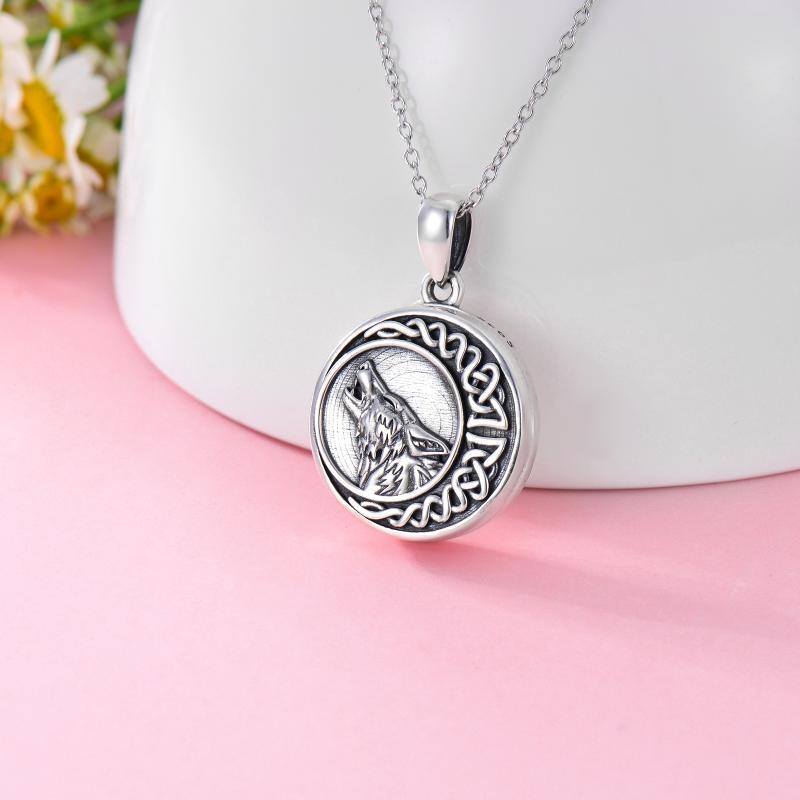 Sterling Silver Wolf & Celtic Knot Moon Personalized Photo Locket Necklace-3