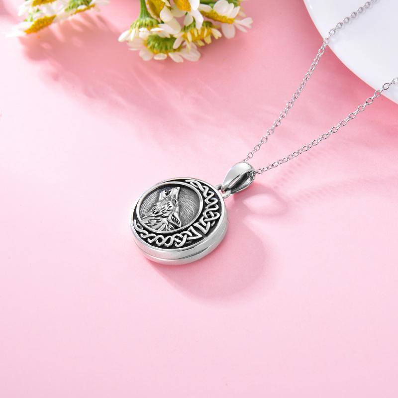 Sterling Silver Wolf & Celtic Knot Moon Personalized Photo Locket Necklace-5