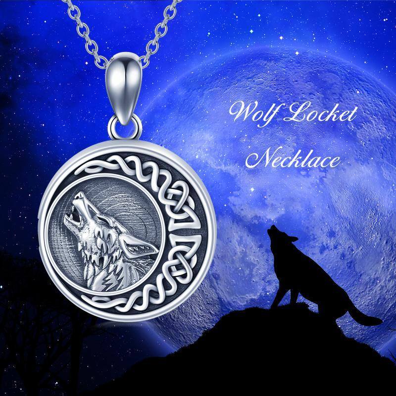 Sterling Silver Wolf & Celtic Knot Moon Personalized Photo Locket Necklace-6