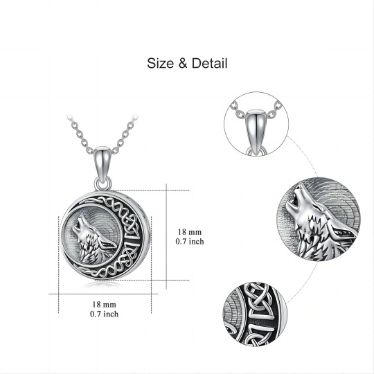 Sterling Silver Wolf & Celtic Knot & Round Urn Necklace For Ashes With Engraved Word For Men