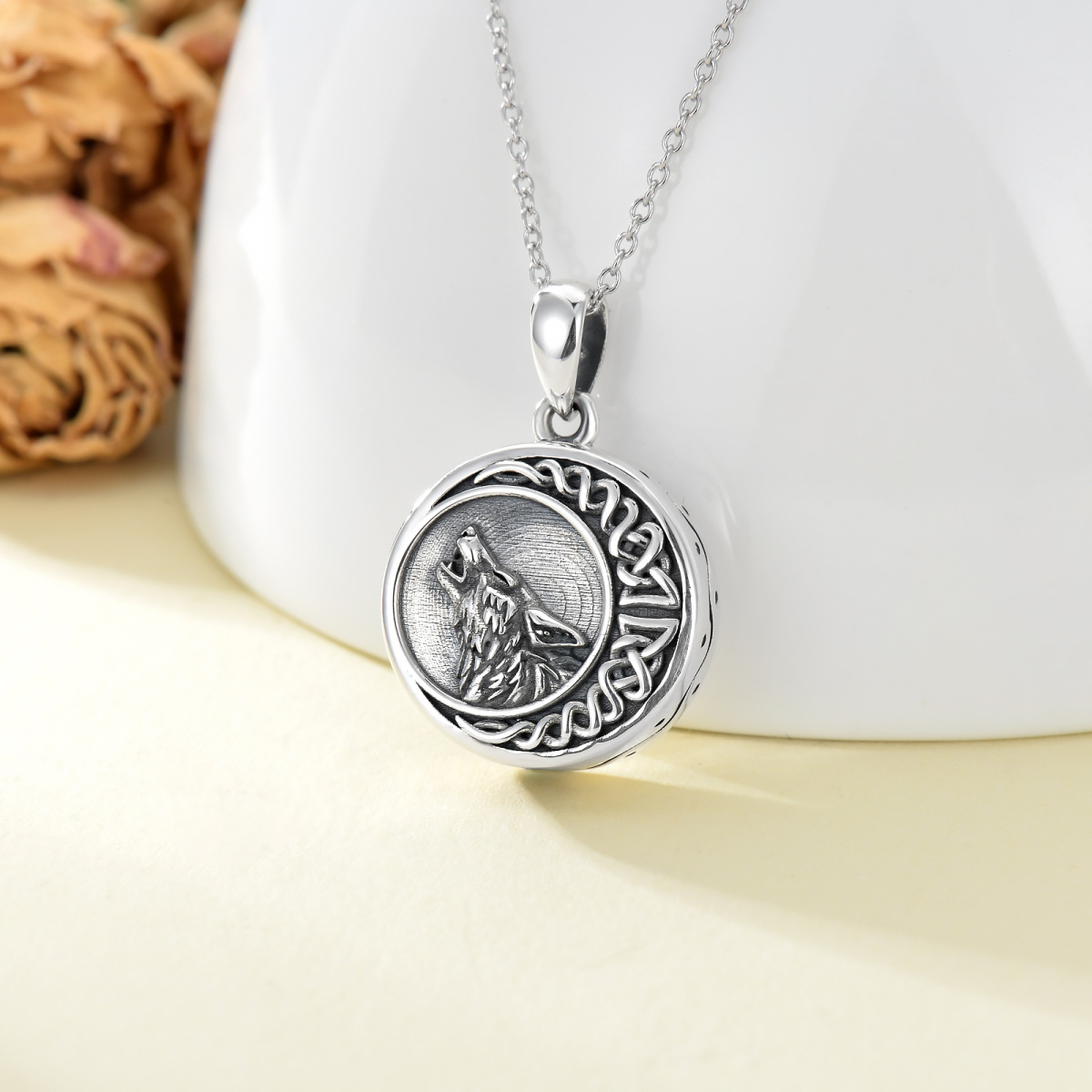 Sterling Silver Wolf & Celtic Knot & Round Urn Necklace For Ashes With Engraved Word For Men-3