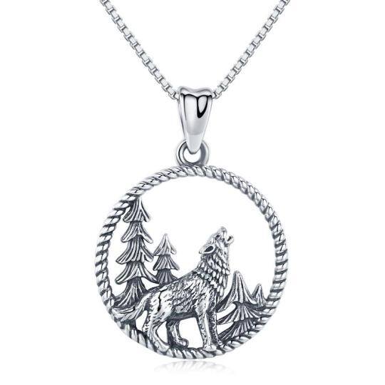 Sterling Silver Wolf Circle Pendant Necklace for Men