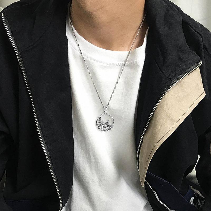 Sterling Silver Wolf Circle Pendant Necklace for Men-2