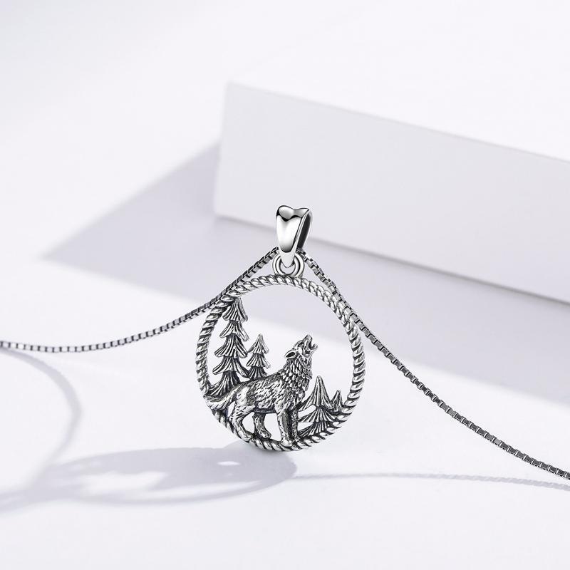 Sterling zilveren Wolf cirkel hanger ketting voor mannen-3