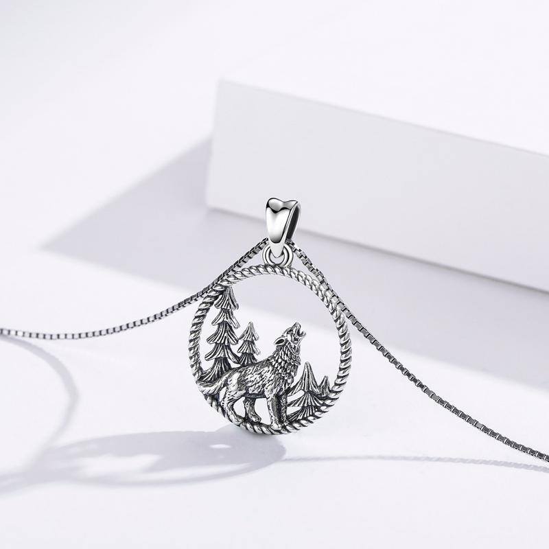Sterling Silver Wolf Circle Pendant Necklace for Men-3