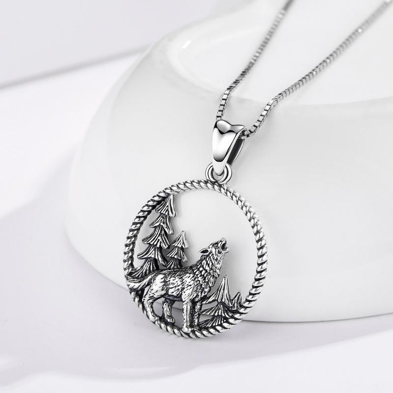 Sterling zilveren Wolf cirkel hanger ketting voor mannen-4