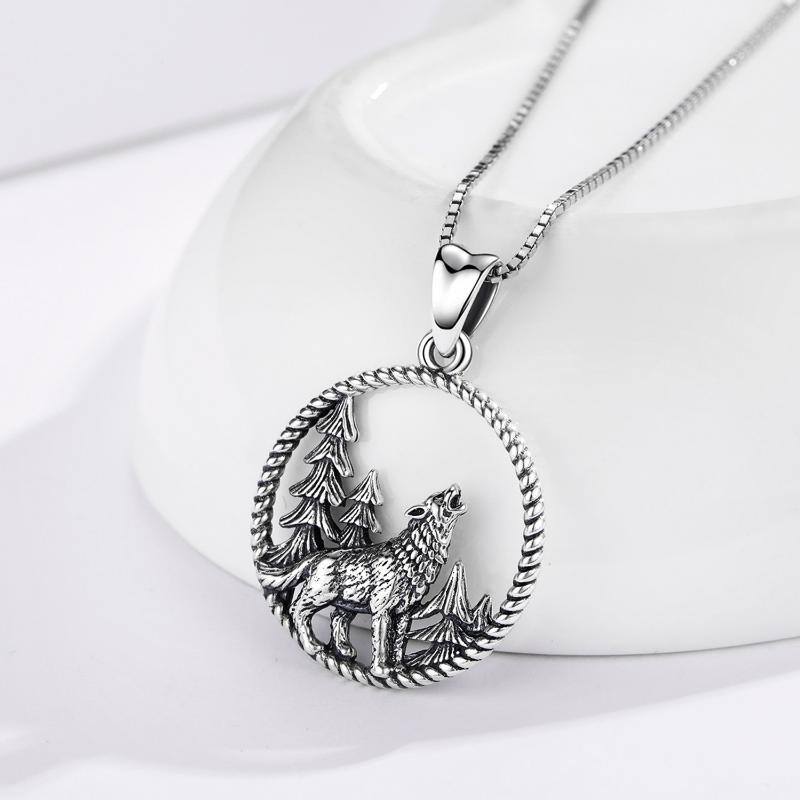 Sterling Silver Wolf Circle Pendant Necklace for Men-4