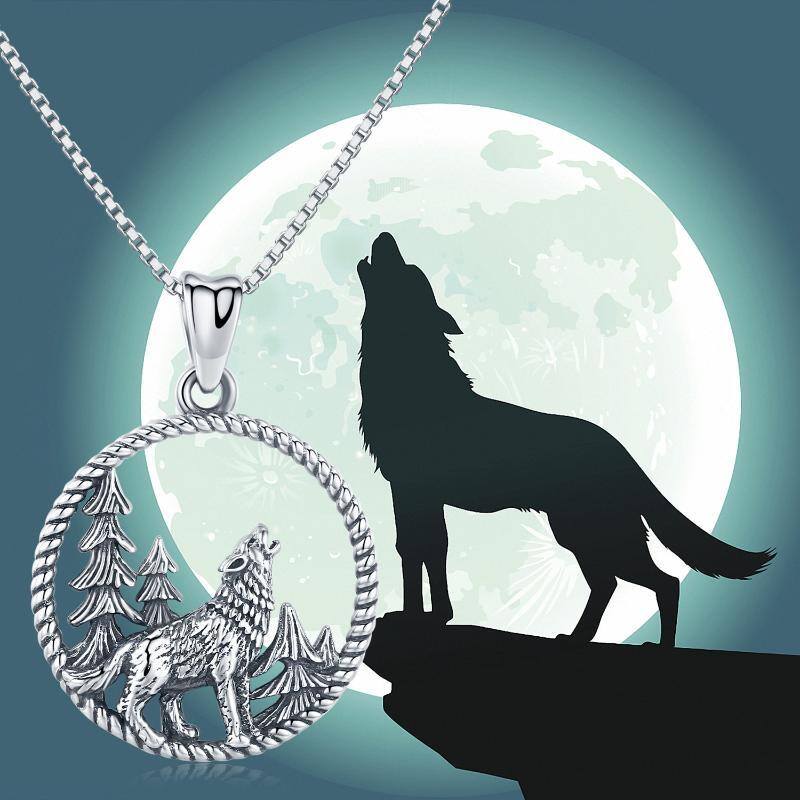 Sterling Silver Wolf Circle Pendant Necklace for Men-6