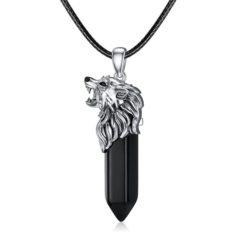 Sterling Silver Wolf Crystal Pendant Necklace-2