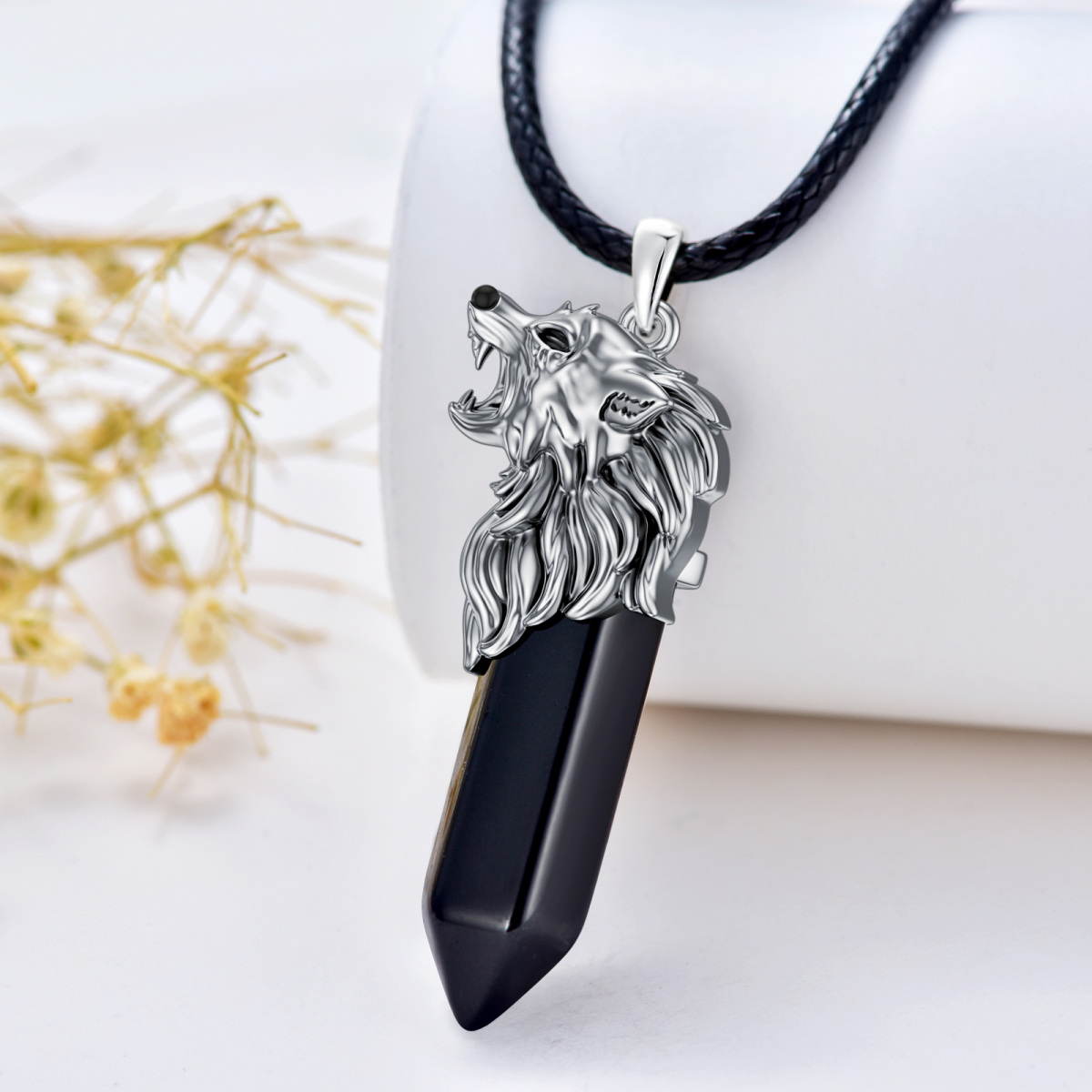 Sterling Silver Wolf Crystal Pendant Necklace-3