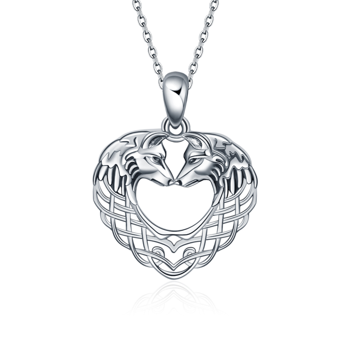 Collana con ciondolo a forma di lupo e cuore in argento sterling-1