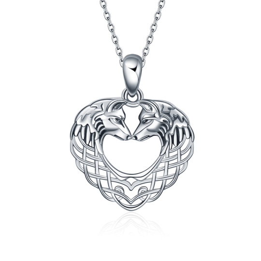 Sterling Silver Wolf & Heart Pendant Necklace