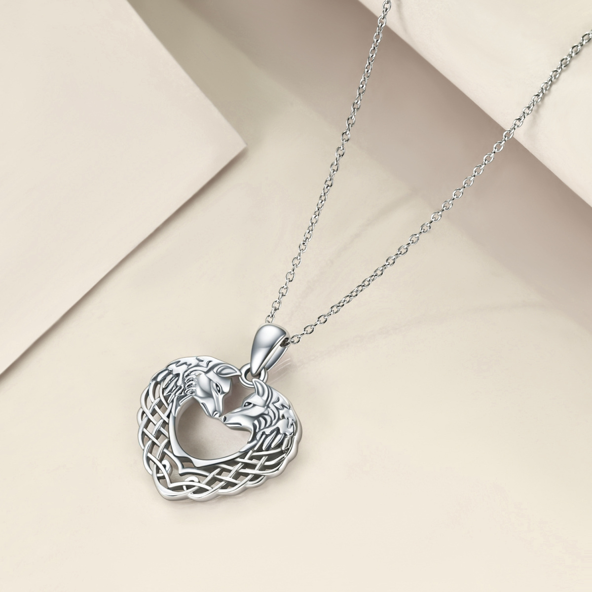 Sterling Silver Wolf & Heart Pendant Necklace-3