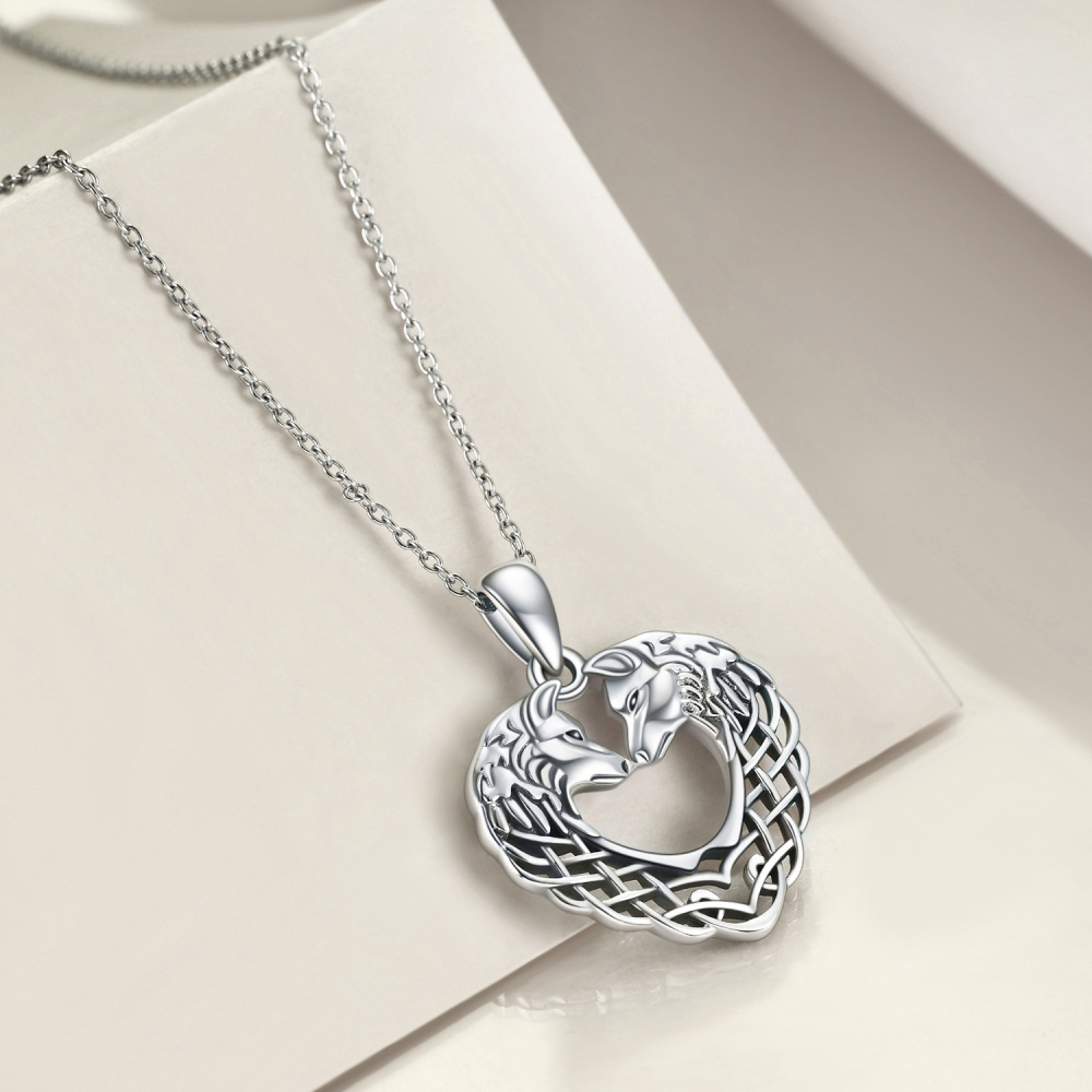 Sterling Silver Wolf & Heart Pendant Necklace-4