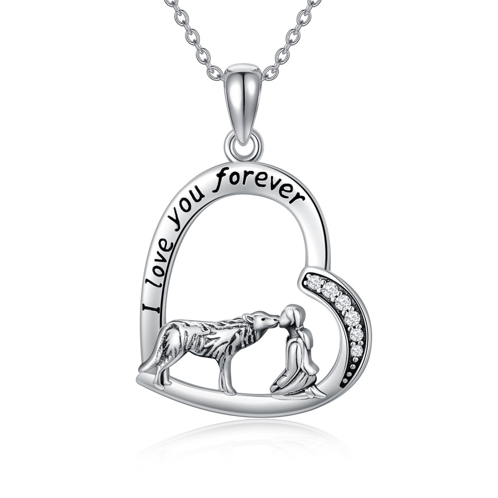 Sterling Silver Cubic Zirconia Wolf & Heart Pendant Necklace with Engraved Word-1