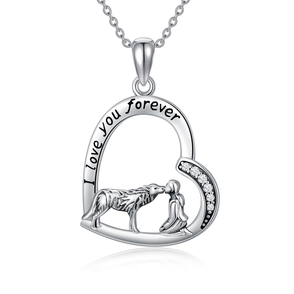 Sterling zilveren cubic zirconia wolf & hart hanger ketting met gegraveerd woord-1