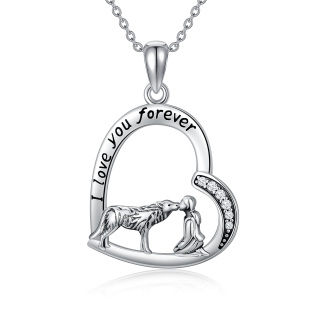 Sterling Silver Cubic Zirconia Wolf & Heart Pendant Necklace with Engraved Word-38