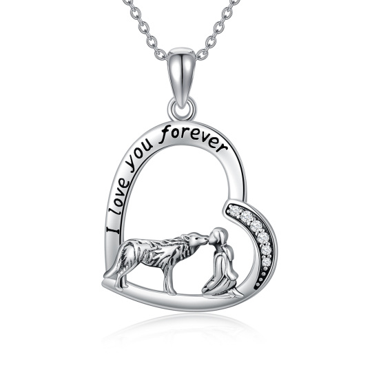 Sterling Silver Cubic Zirconia Wolf & Heart Pendant Necklace with Engraved Word