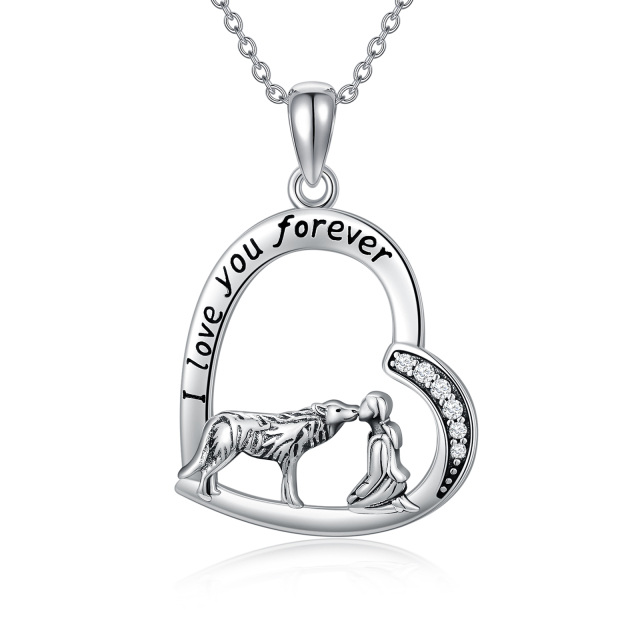 Sterling Silber Cubic Zirkonia Wolf & Herz Anhänger Halskette mit eingraviertem Wort-1