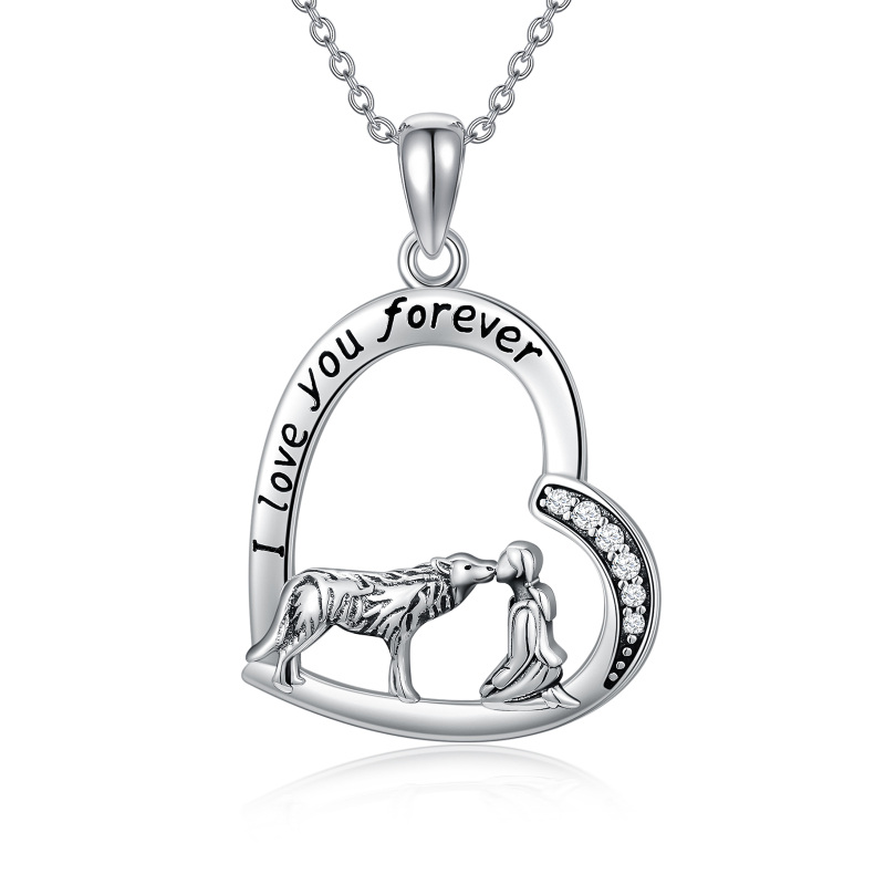 Collier en argent sterling avec pendentif loup et coeur en zircon cubique et mot gravé-20
