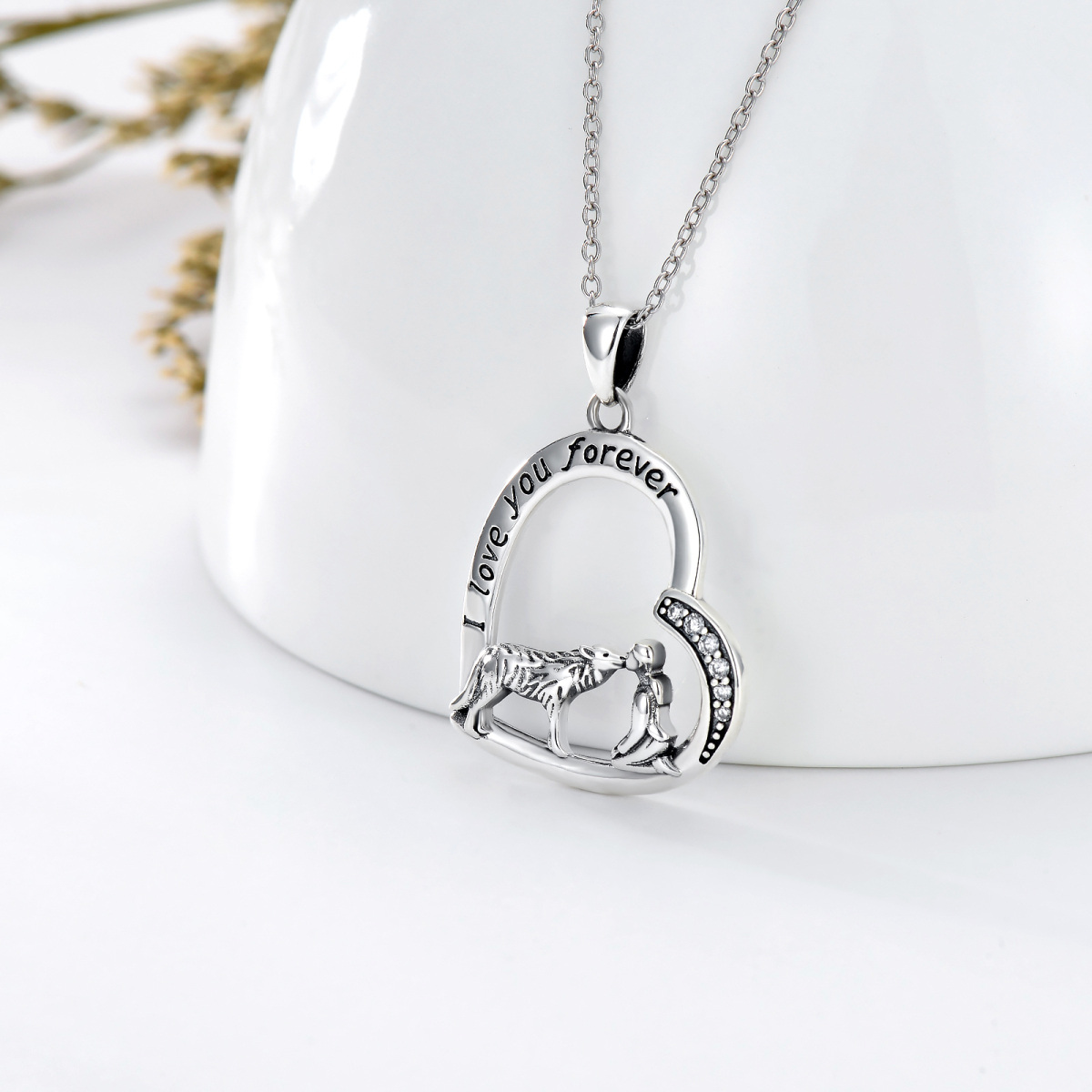 Sterling Silver Cubic Zirconia Wolf & Heart Pendant Necklace with Engraved Word-3