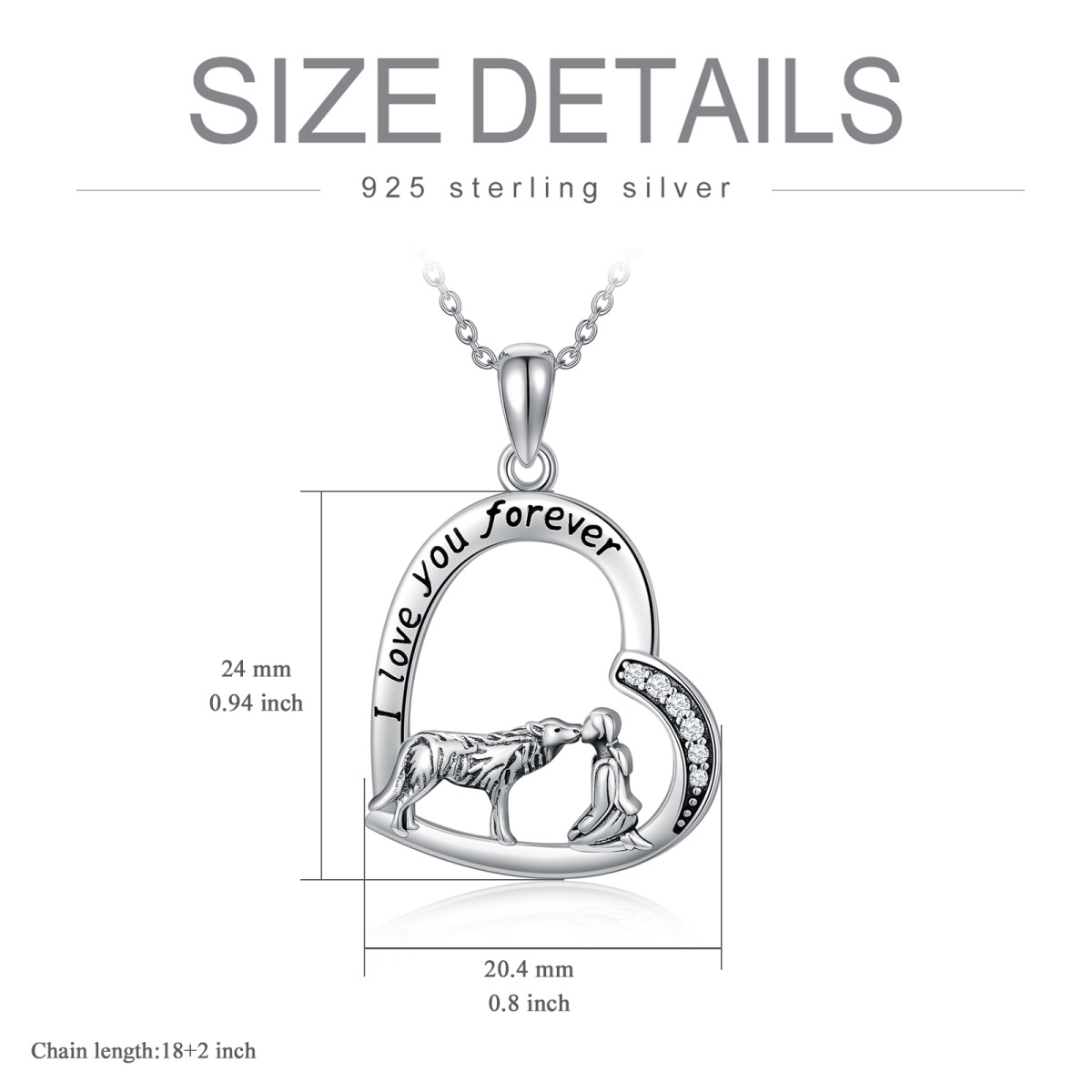 Sterling Silber Cubic Zirkonia Wolf & Herz Anhänger Halskette mit eingraviertem Wort-5