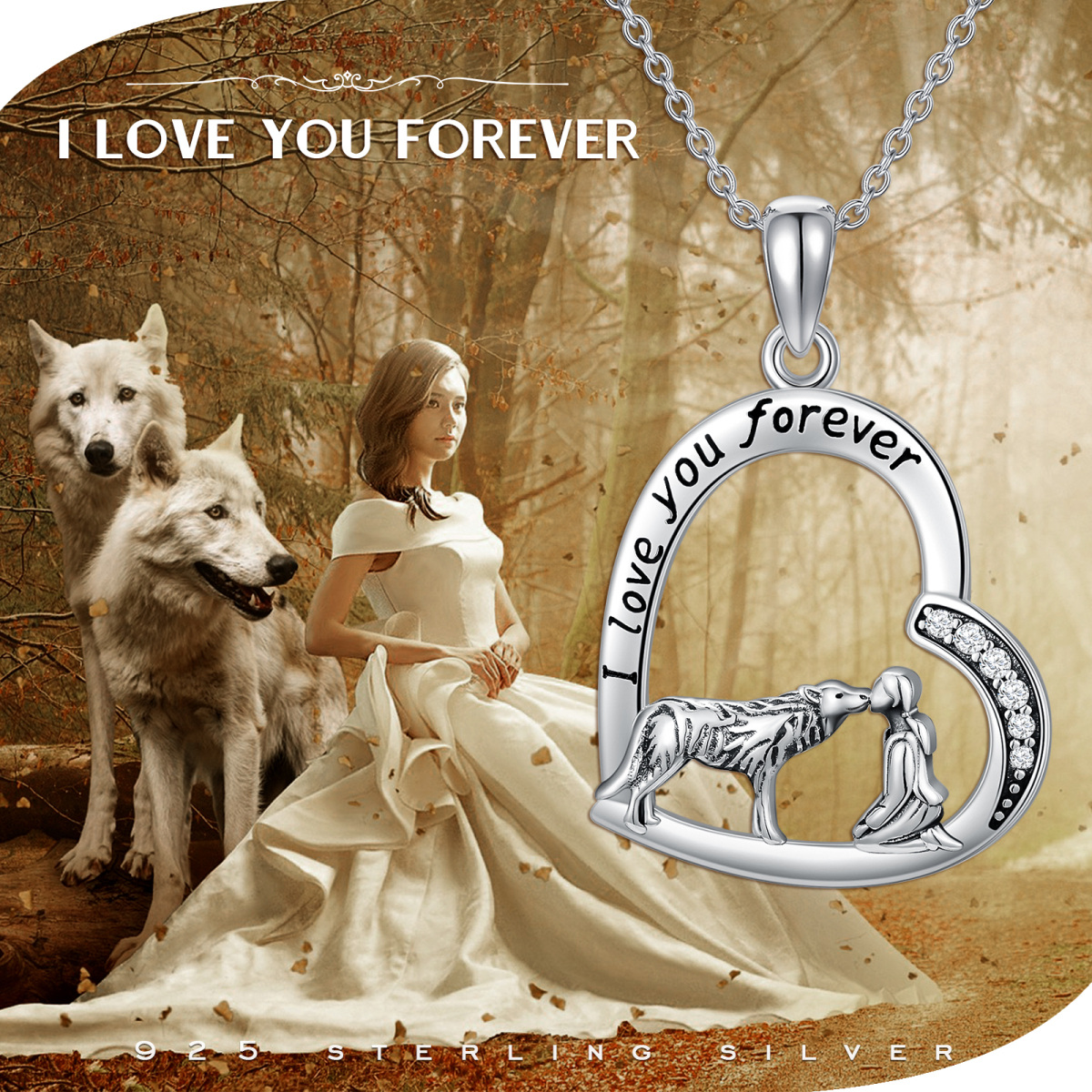 Sterling Silber Cubic Zirkonia Wolf & Herz Anhänger Halskette mit eingraviertem Wort-6