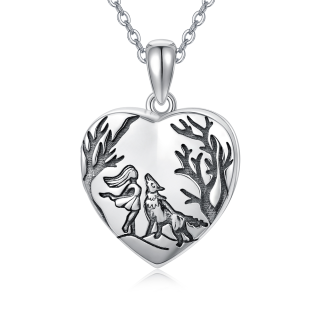 Sterling Silver Wolf Heart Personalized Photo Locket Necklace with Engraved Word-47