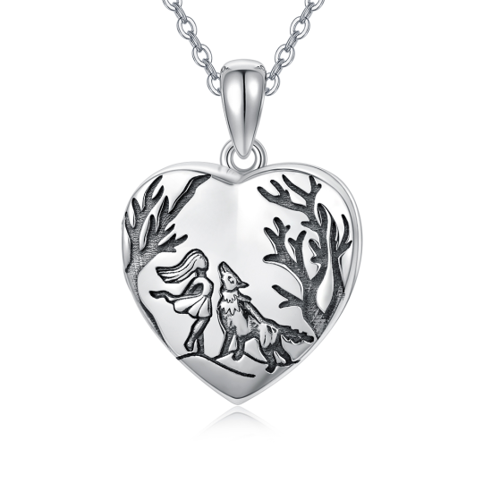 Sterling Silver Wolf Heart Personalized Photo Locket Necklace with Engraved Word