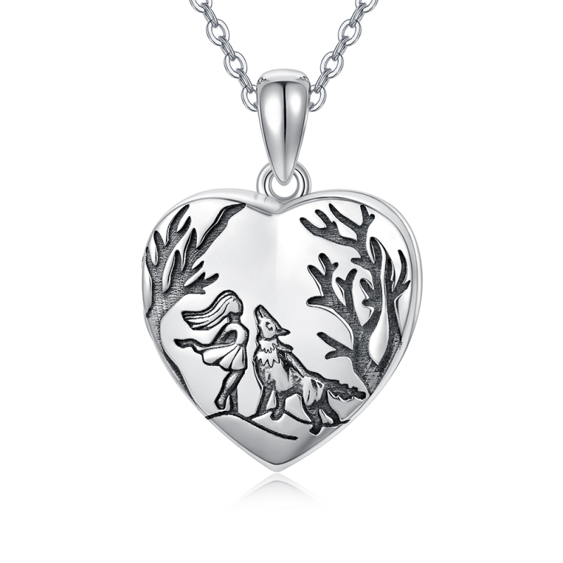 Sterling Silver Wolf Heart Personalized Photo Locket Necklace with Engraved Word-20