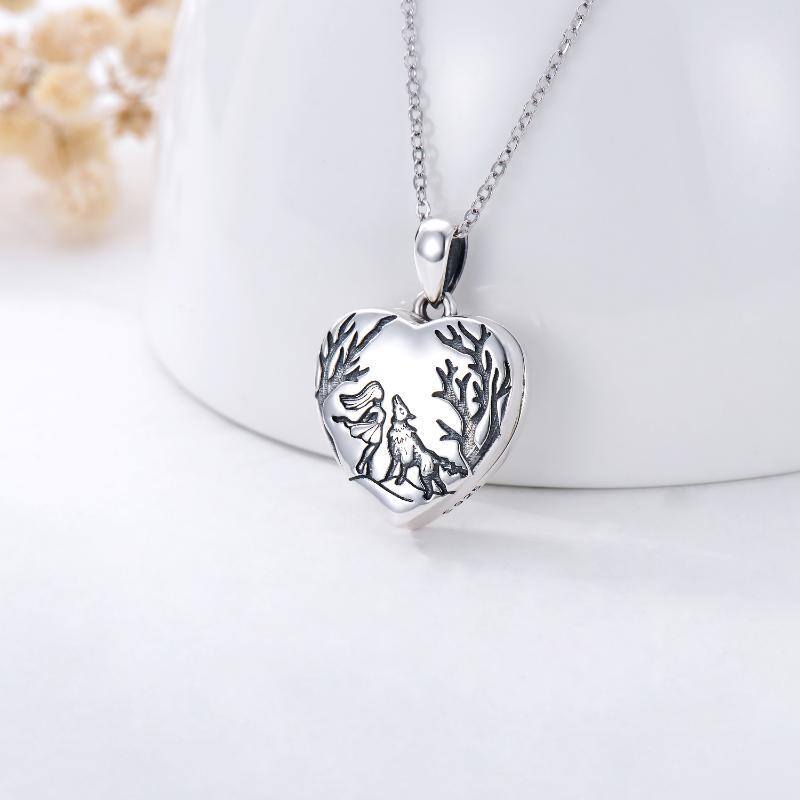 Sterling Silver Wolf Heart Personalized Photo Locket Necklace with Engraved Word-3