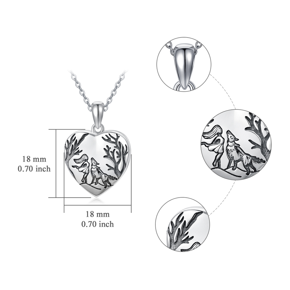 Sterling Silver Wolf Heart Personalized Photo Locket Necklace with Engraved Word-5