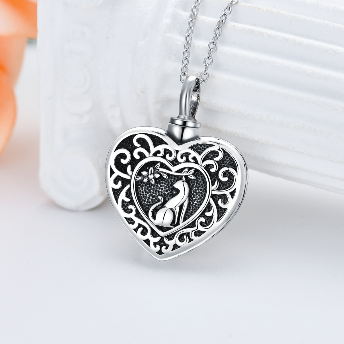 Sterling Silver Wolf & Heart Urn Necklace for Ashes with Engraved Word-4