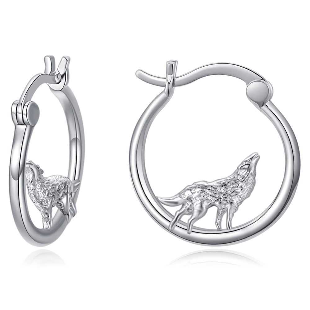 Brincos de argola hipoalergênicos de lobo para mulheres, meninas, prata esterlina, pequeno animal-1