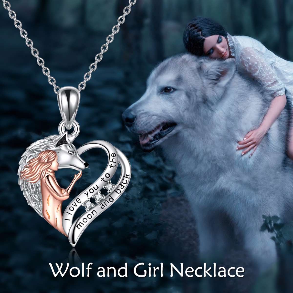 Sterling Silver Two-tone Wolf & Heart Engraved Necklace for Women-6