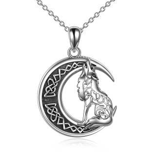 Sterling Silver Wolf & Moon Pendant Necklace-60