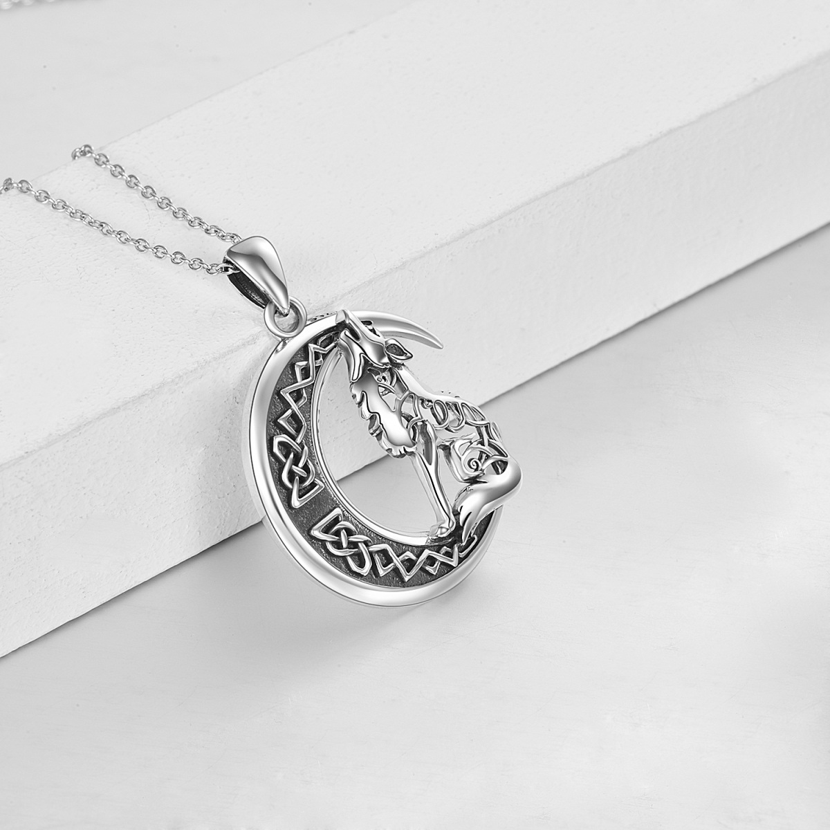 Sterling Silver Wolf & Moon Pendant Necklace-3