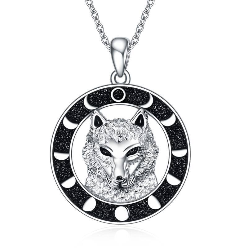 Collier pendentif lune loup en argent sterling-1