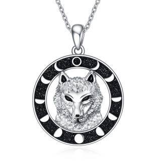 Sterling Silver Wolf & Moon Pendant Necklace-50