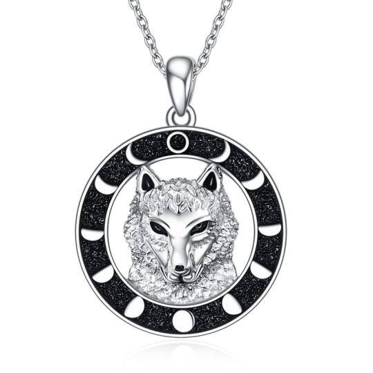 Sterling Silver Wolf & Moon Pendant Necklace